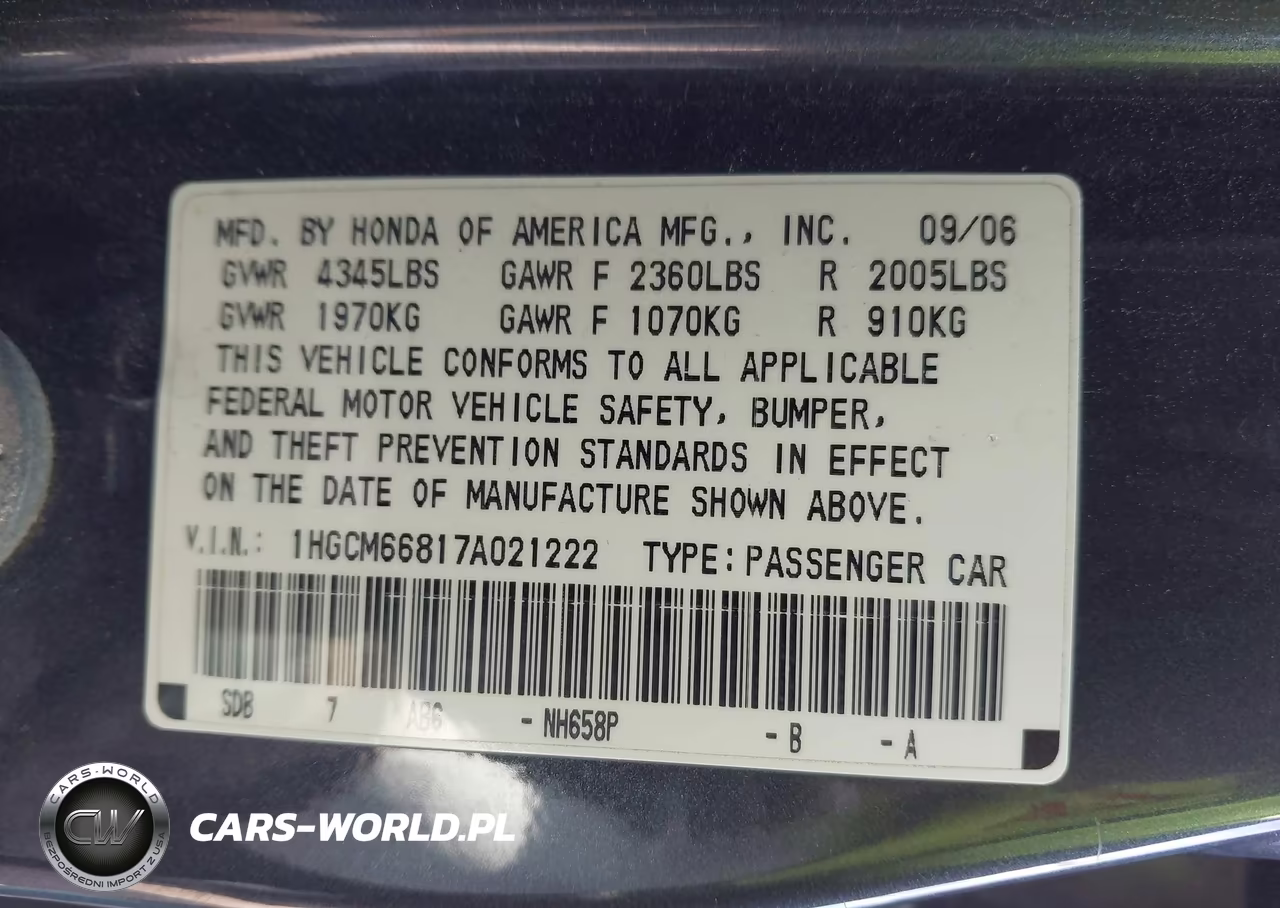 2007 Honda Accord 3.0 Ex VIN:1HGCM66817A021222 - 9