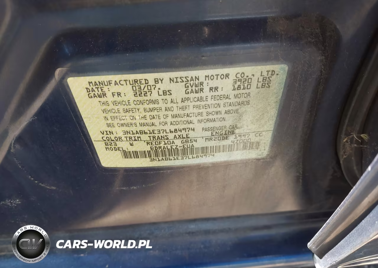 2007 Nissan Sentra 2.0 S VIN:3N1AB61E37L684974 - 9