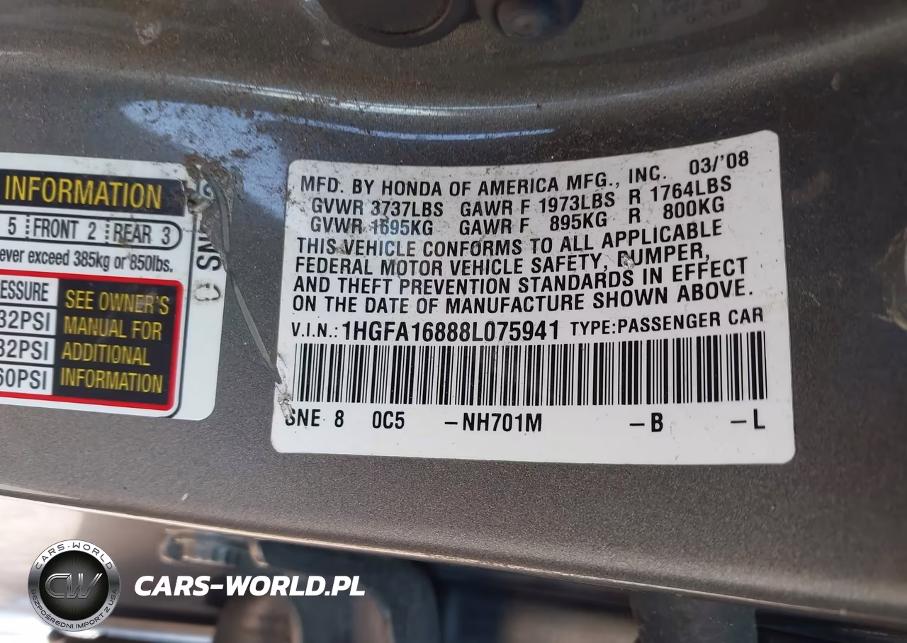 2008 Honda Civic Ex VIN:1HGFA16888L075941 - 9