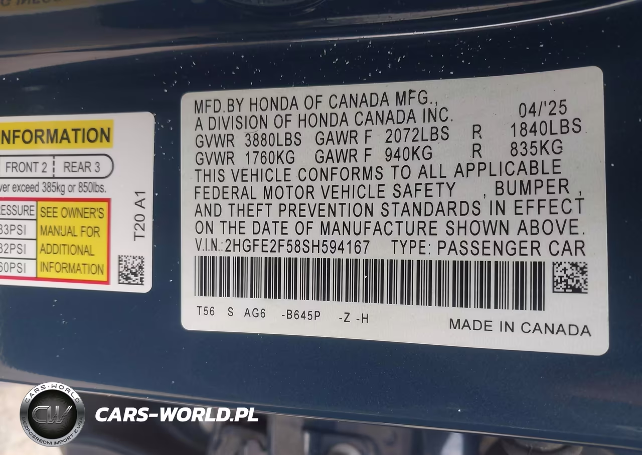 2025 Honda Civic 4D Ex VIN:2HGFE2F58SH594167 - 9