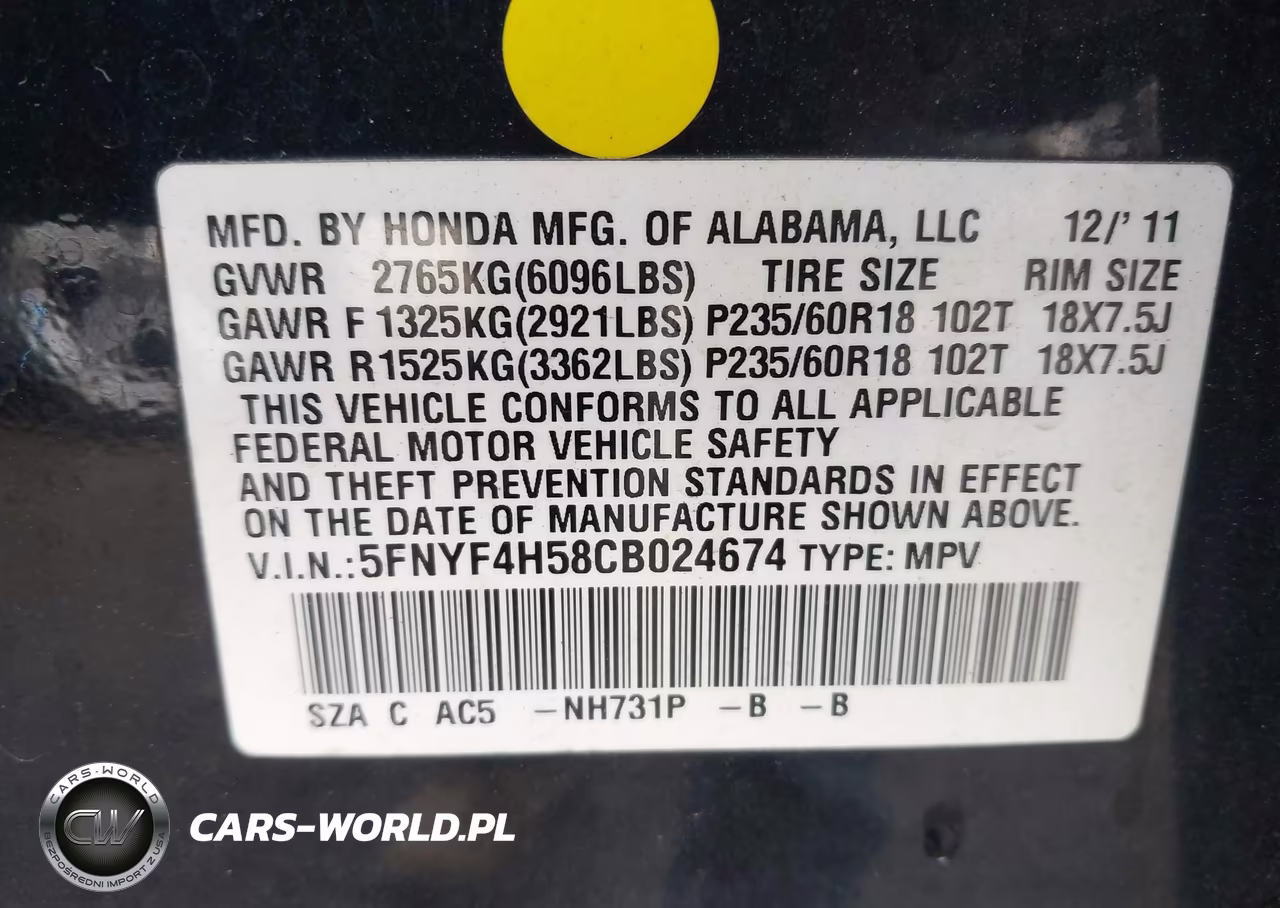 2012 Honda Pilot Ex-L VIN:5FNYF4H58CB024674 - 9