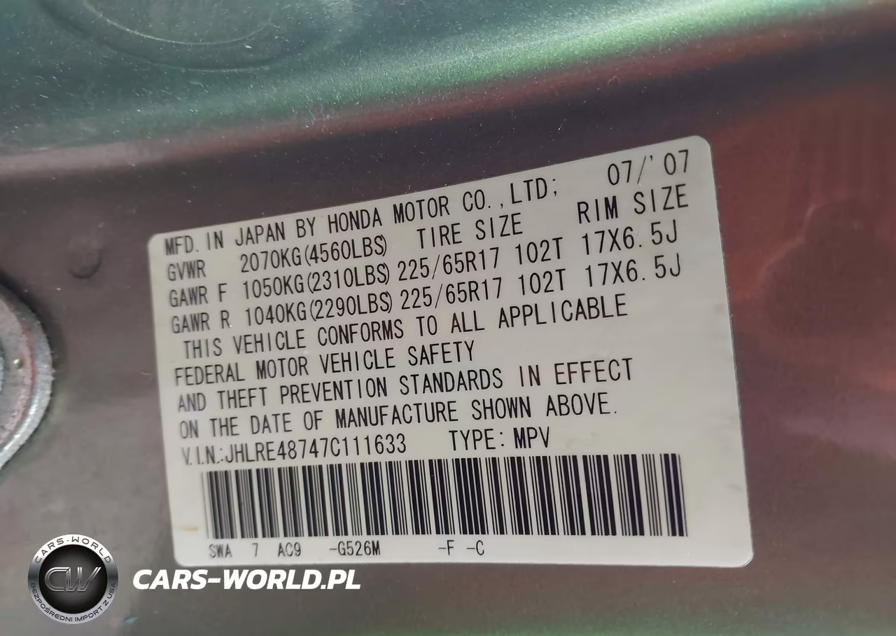 2007 Honda Cr-V Ex-L VIN:JHLRE48747C111633 - 9