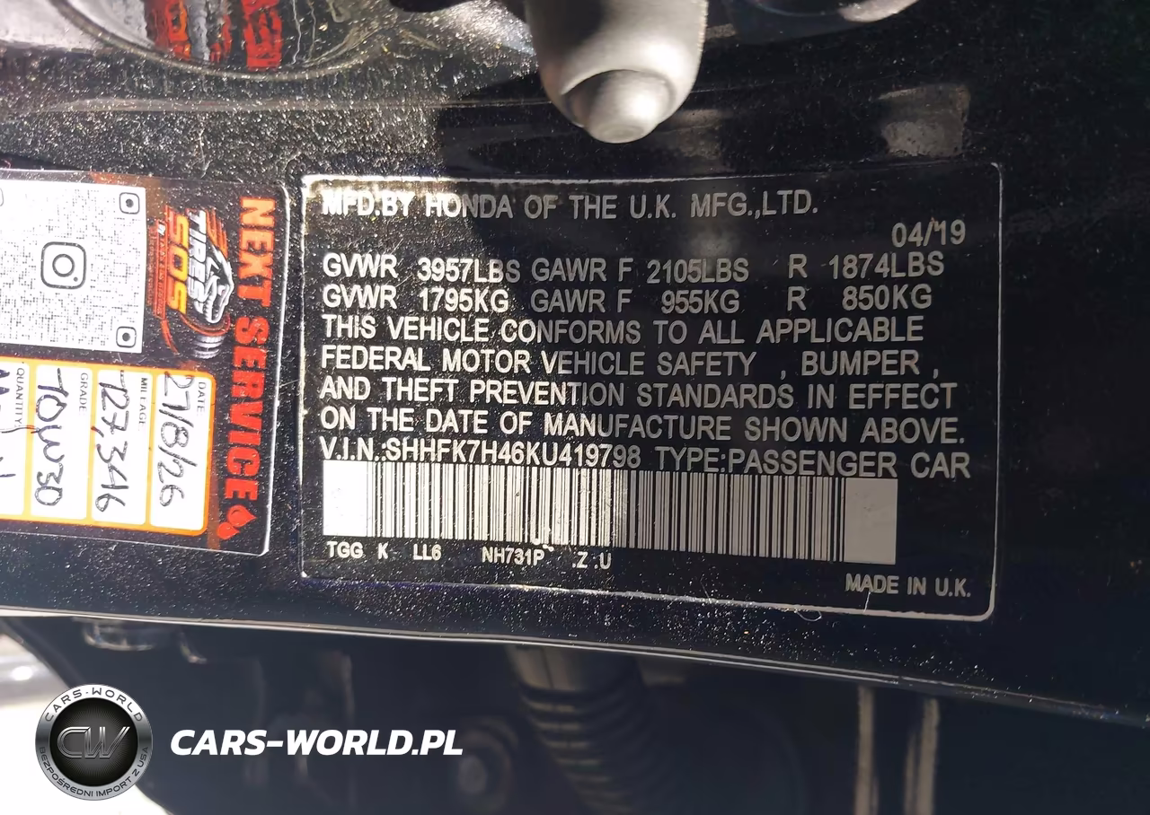 2019 Honda Civic Sport VIN:SHHFK7H46KU419798 - 9