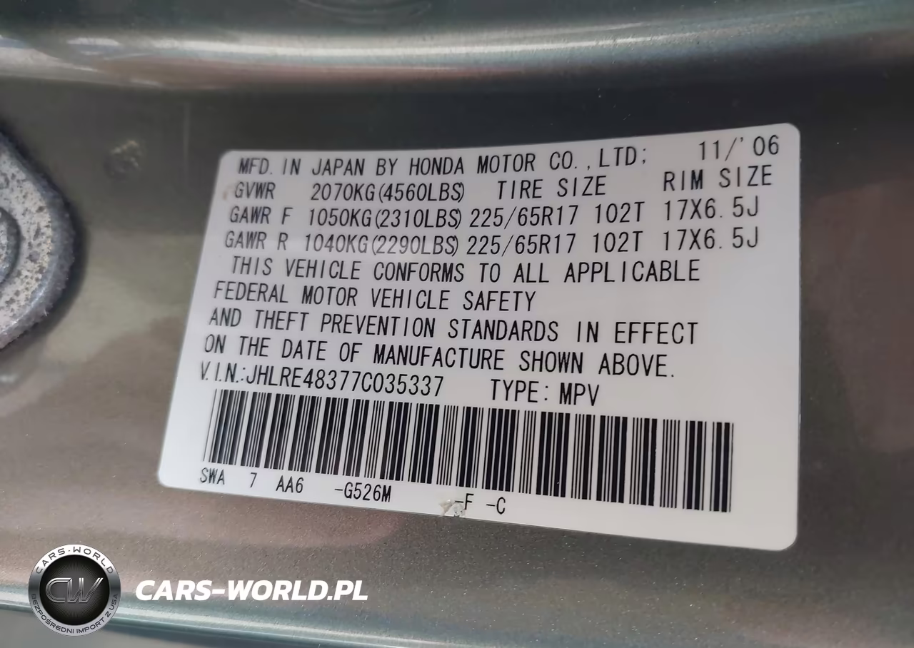 2007 Honda Cr-V Lx VIN:JHLRE48377C035337 - 9