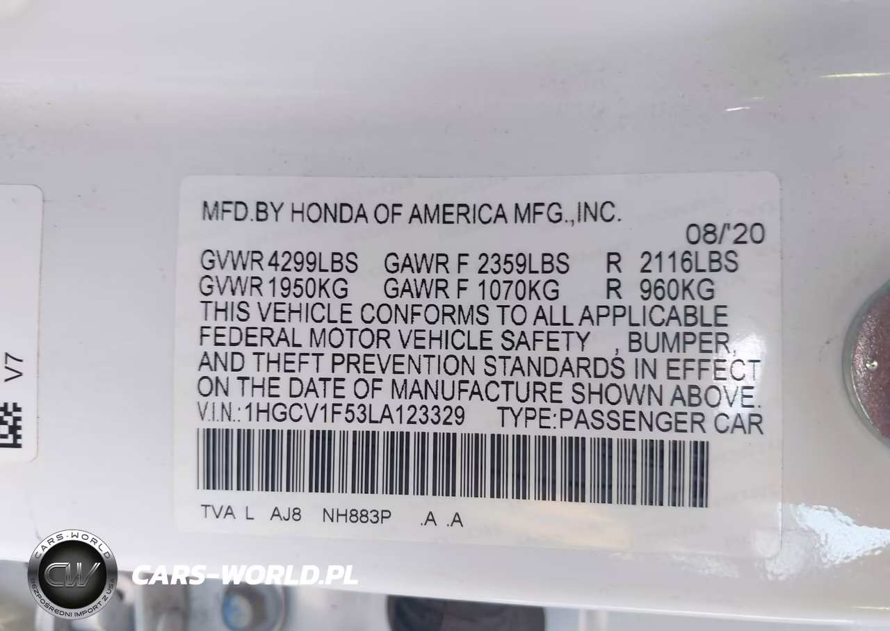 2020 Honda Accord Ex-L VIN:1HGCV1F53LA123329 - 9