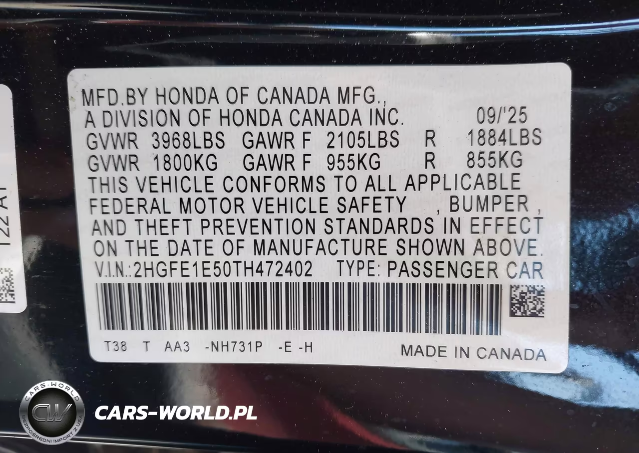 2026 Honda Civic Si Sedan VIN:2HGFE1E50TH472402 - 9