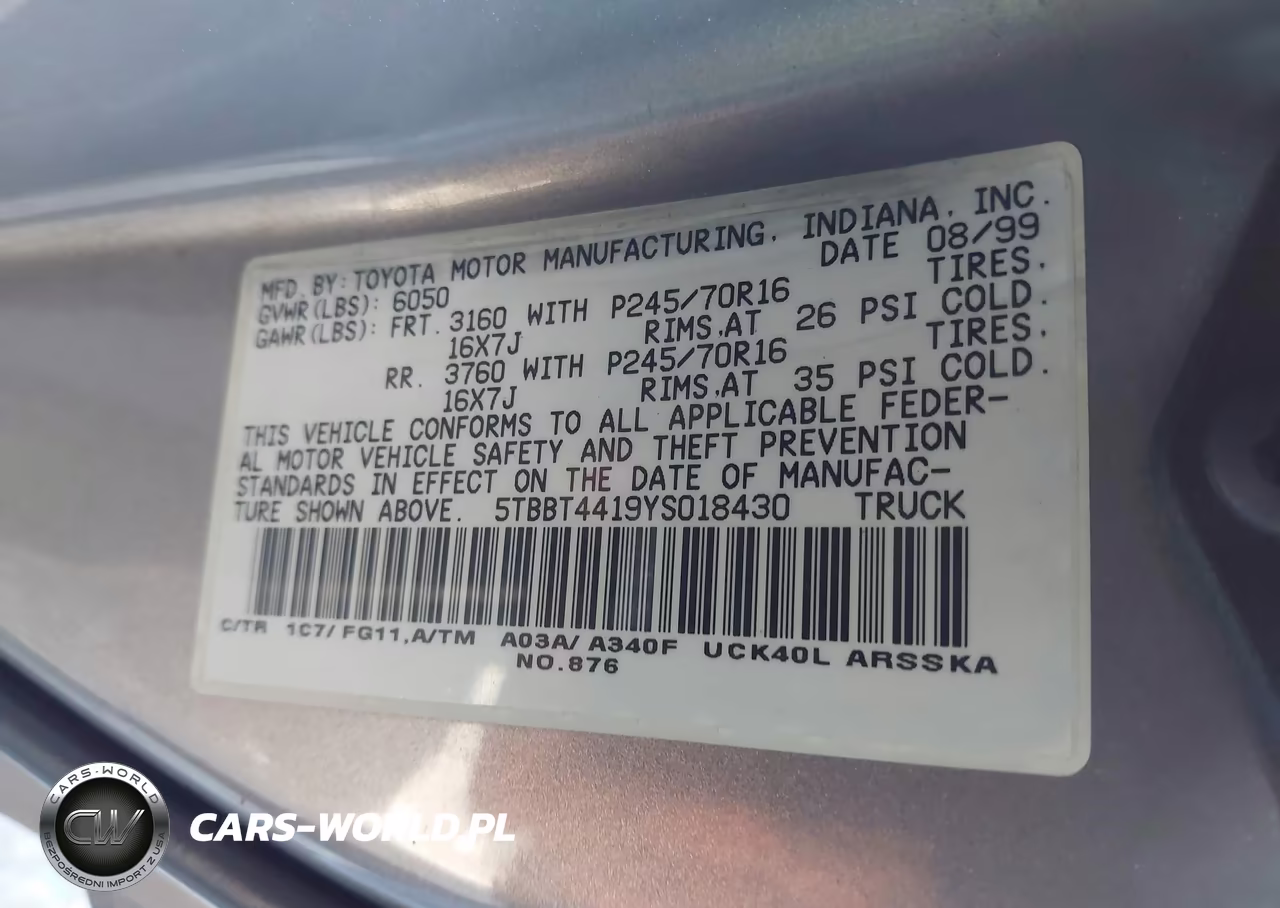 2000 Toyota Tundra Sr5 V8 VIN:5TBBT4419YS018430 - 9