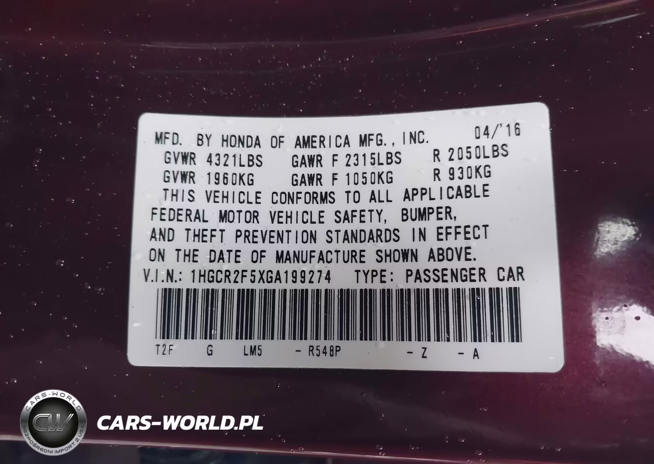 2016 Honda Accord Sport VIN:1HGCR2F5XGA199274 - 9
