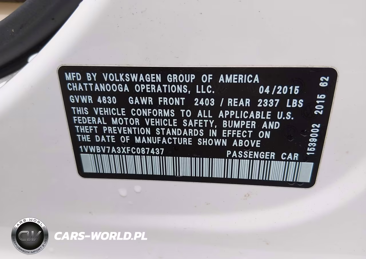 2015 Volkswagen Passat 2.0L Tdi Se VIN:1VWBV7A3XFC087437 - 9