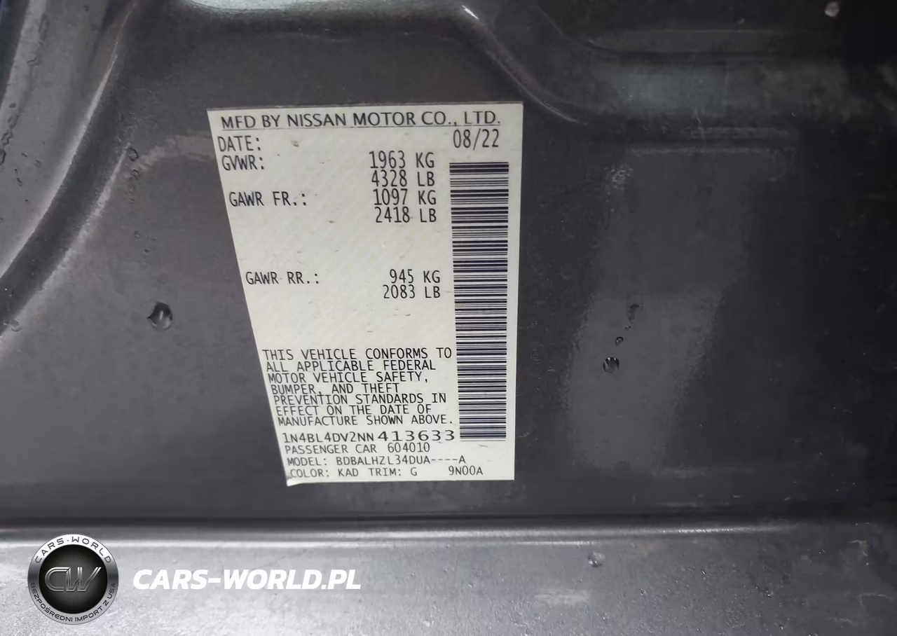 2022 Nissan Altima Sv Fwd VIN:1N4BL4DV2NN413633 - 9