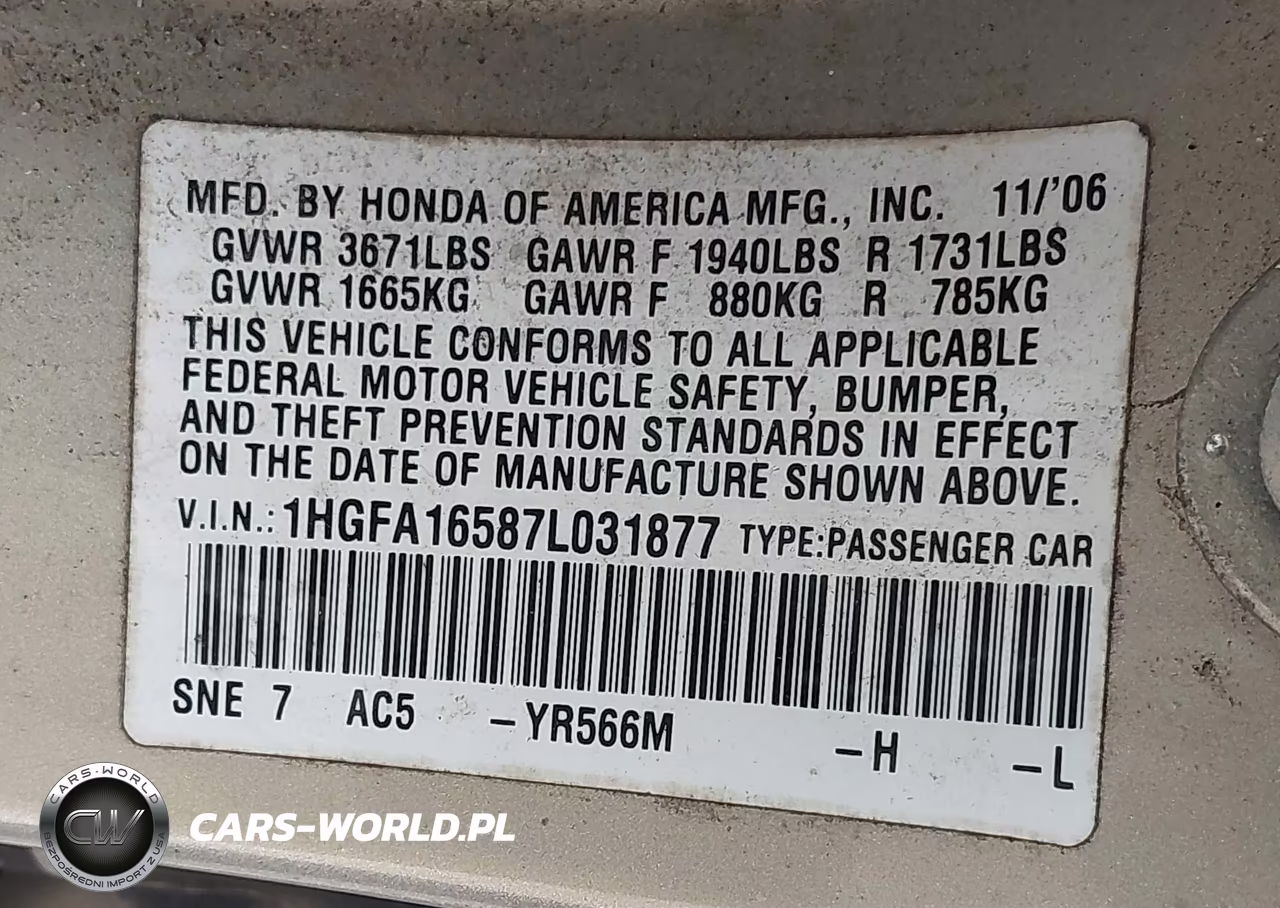2007 Honda Civic Lx VIN:1HGFA16587L031877 - 9
