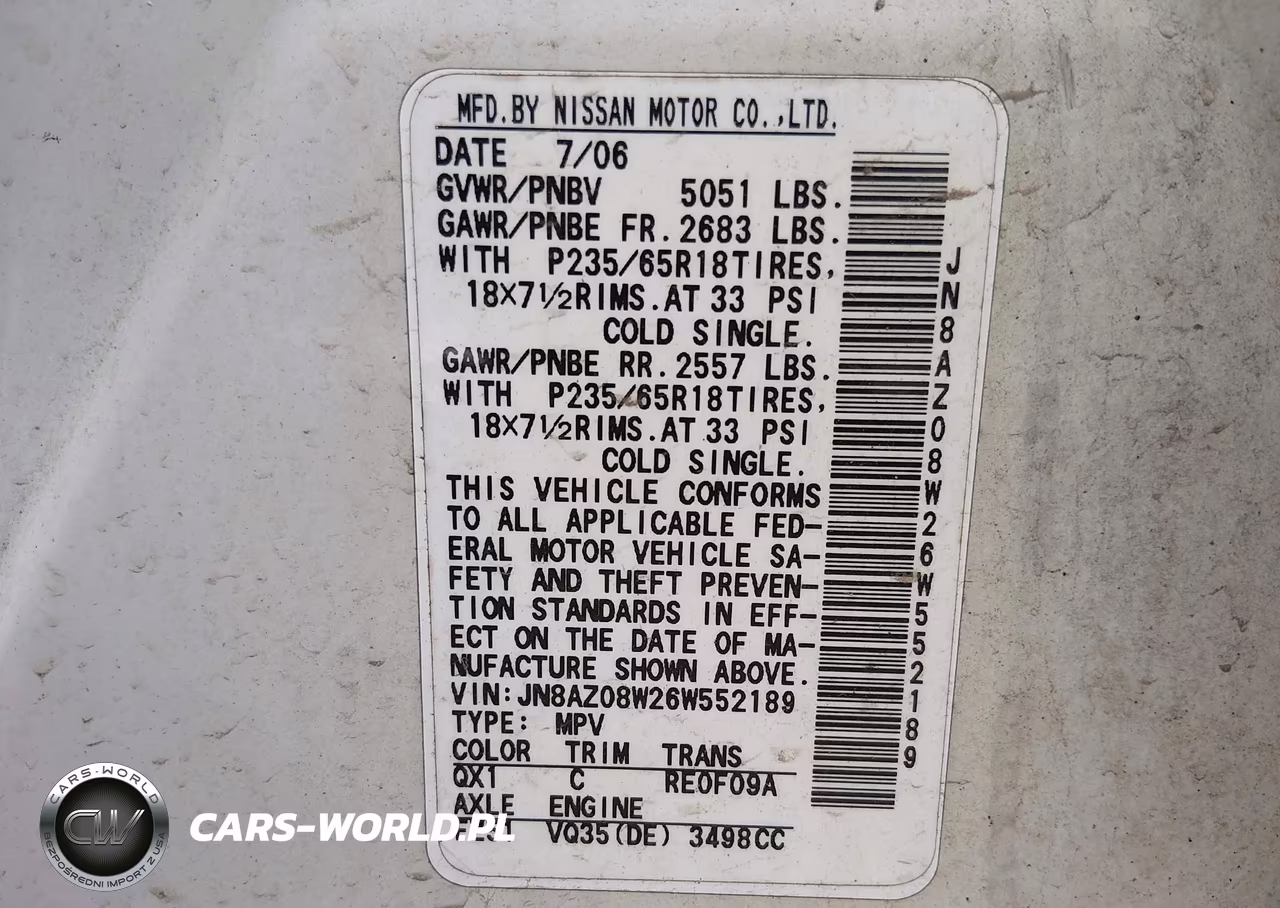 2006 Nissan Murano S VIN:JN8AZ08W26W552189 - 9