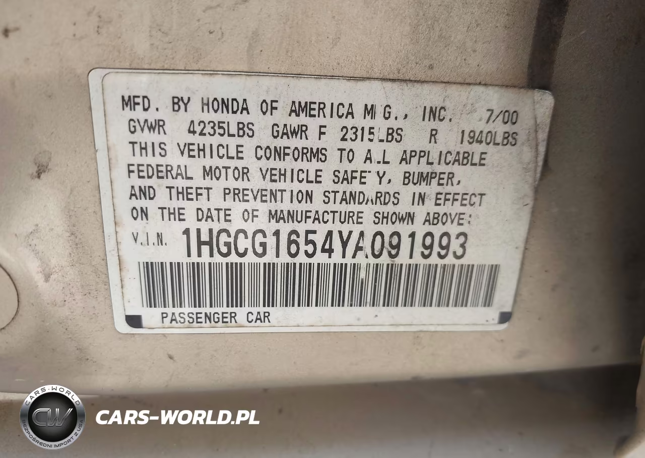 2000 Honda Accord 3.0 Ex VIN:1HGCG1654YA091993 - 9