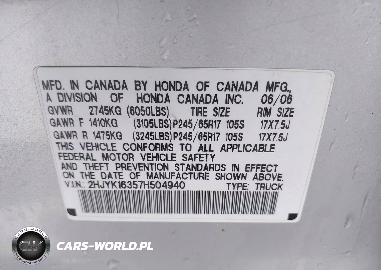 HONDA RIDGELINE VIN:2HJYK16357H504940 - 9