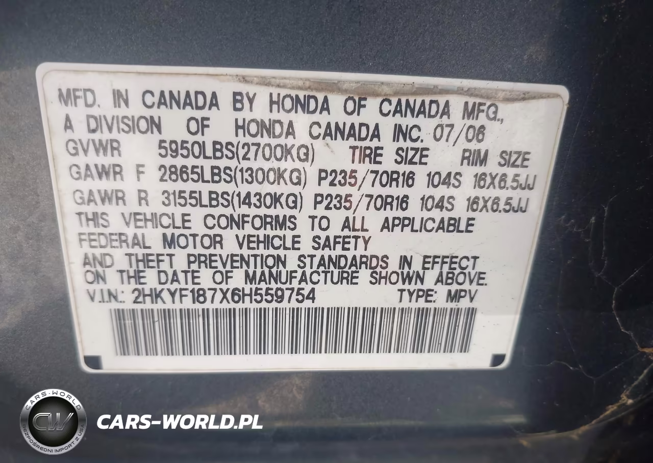 2006 Honda Pilot Ex-L VIN:2HKYF187X6H559754 - 9