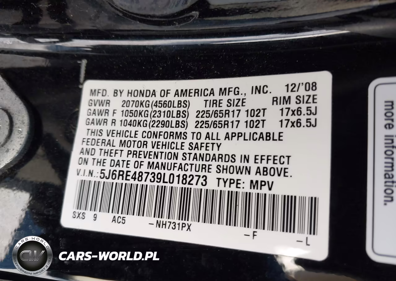 2009 Honda Cr-V Ex-L VIN:5J6RE48739L018273 - 9