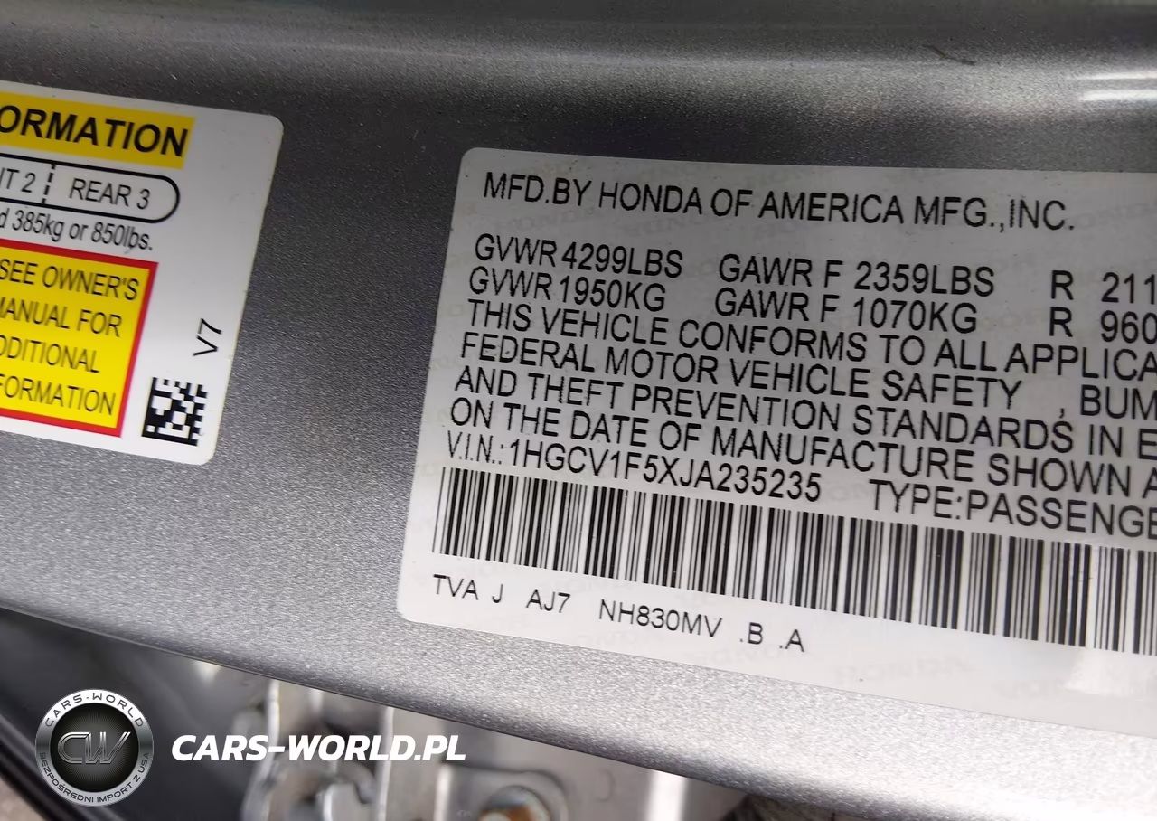 2018 Honda Accord Ex-L VIN:1HGCV1F5XJA235235 - 9