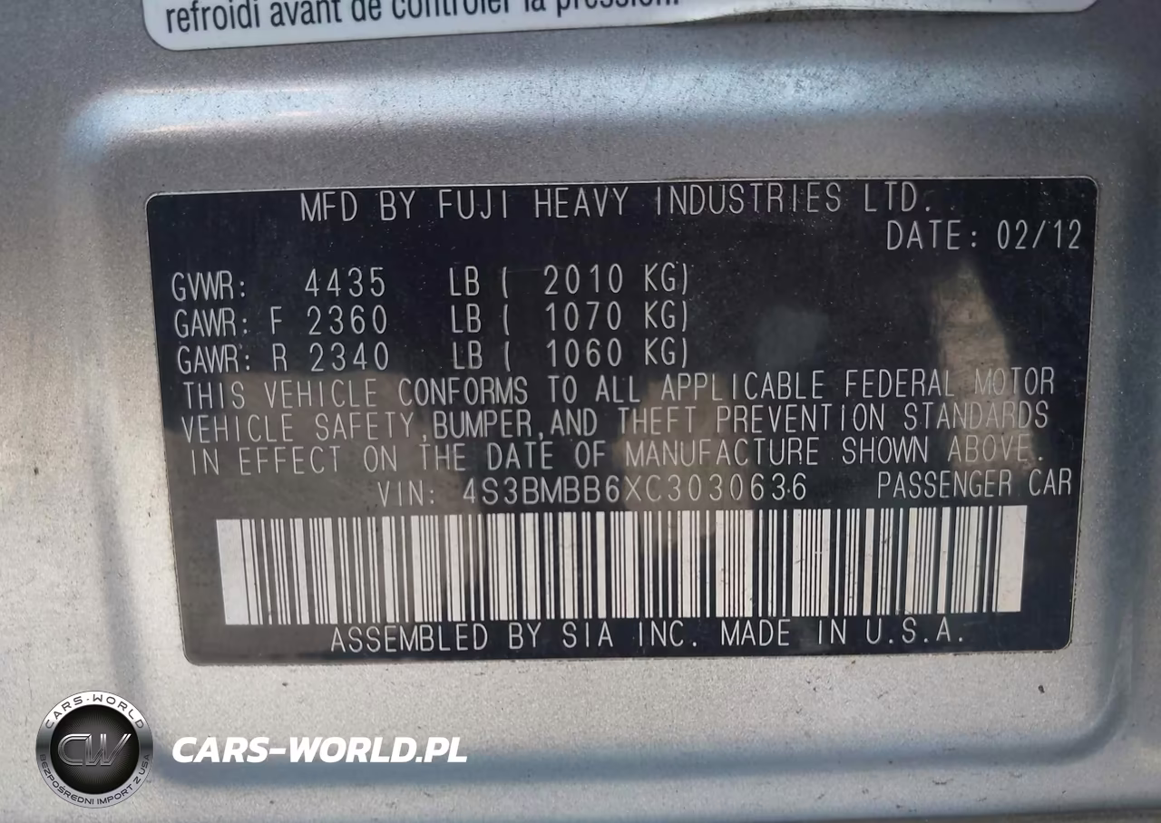 2012 Subaru Legacy 2.5I Premium VIN:4S3BMBB6XC3030636 - 9