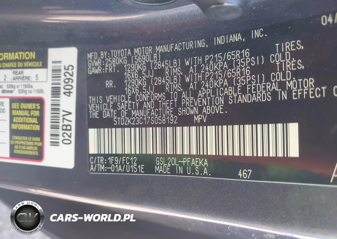 2007 Toyota Sienna Le VIN:5TDZK23C17S058192 - 9