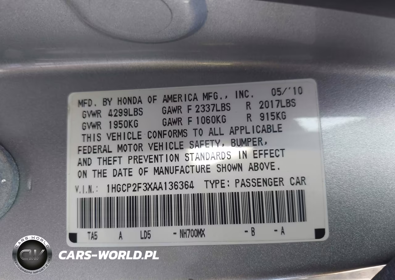 2010 Honda Accord 2.4 Lx VIN:1HGCP2F3XAA136364 - 9