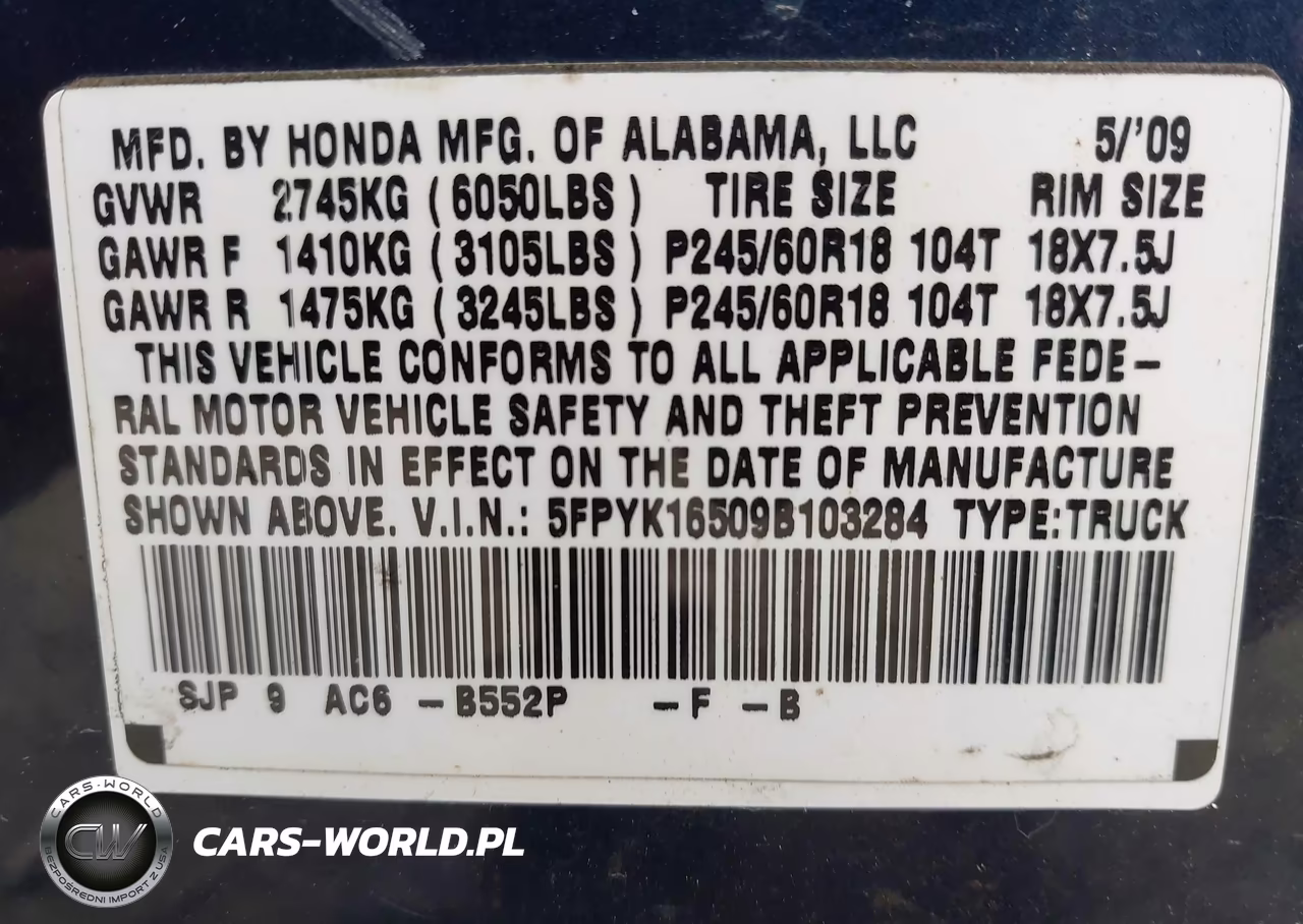 2009 Honda Ridgeline Rtl VIN:5FPYK16509B103284 - 9