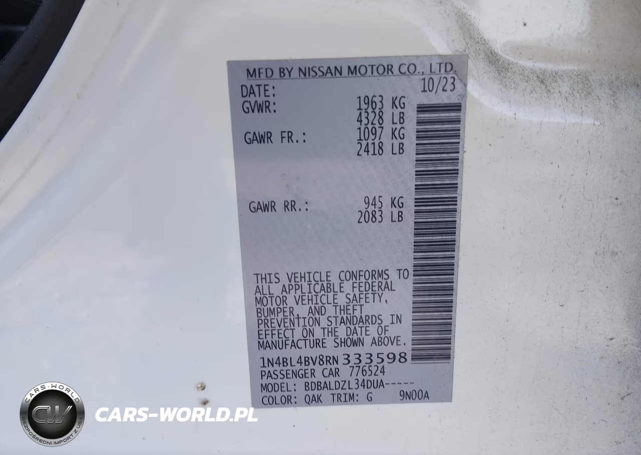 2024 Nissan Altima S Fwd VIN:1N4BL4BV8RN333598 - 9