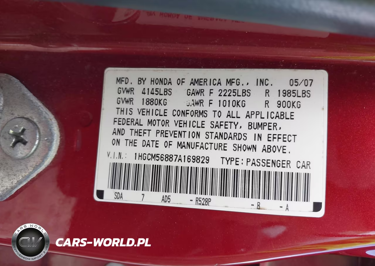 2007 Honda Accord 2.4 Ex VIN:1HGCM56887A169829 - 9