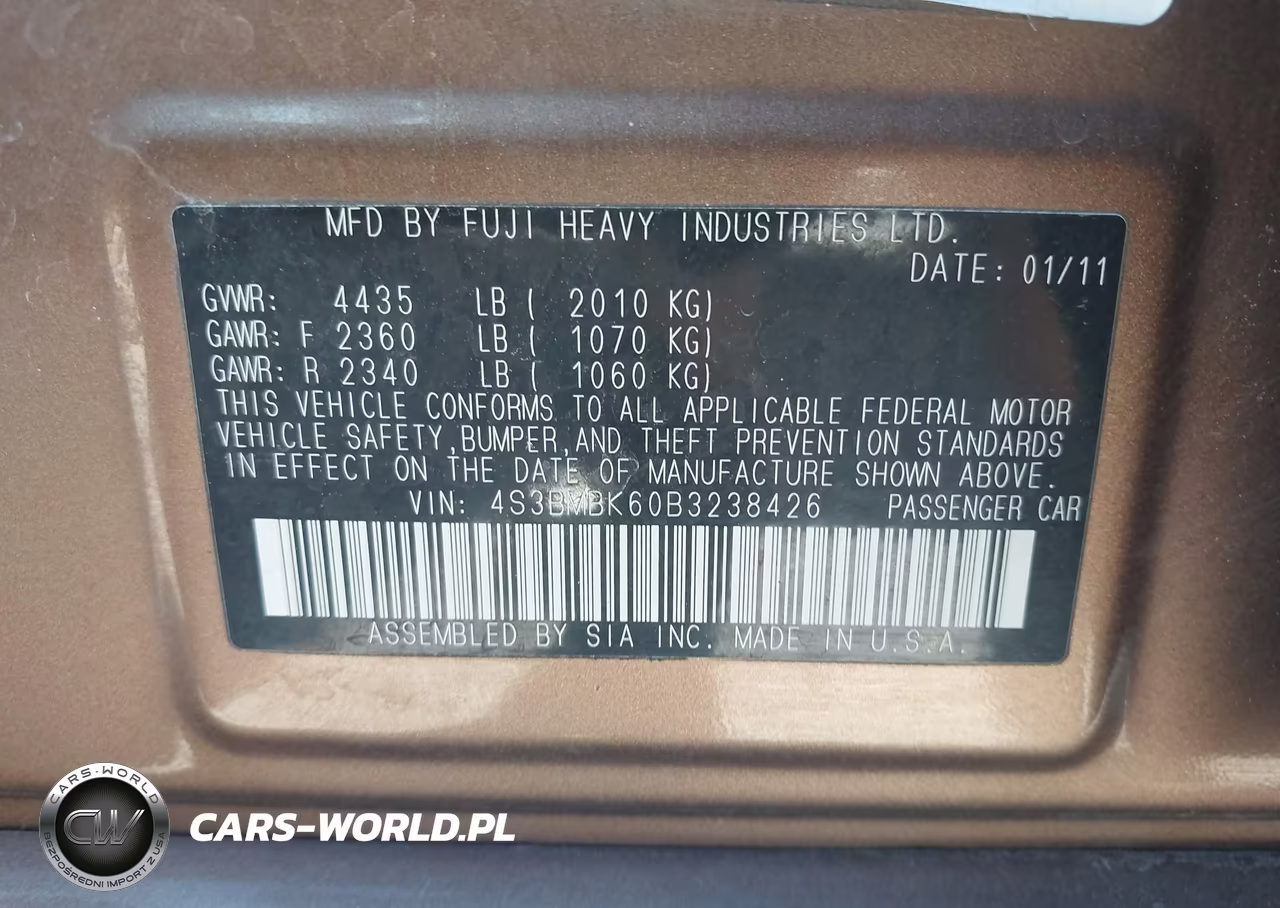 2011 Subaru Legacy 2.5I Limited VIN:4S3BMBK60B3238426 - 9