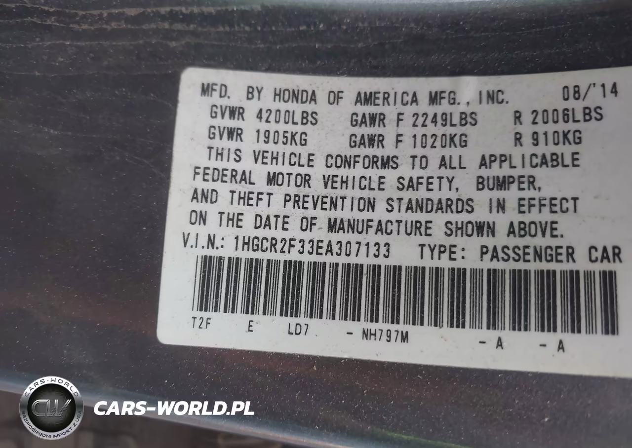 2014 Honda Accord Lx VIN:1HGCR2F33EA307133 - 9
