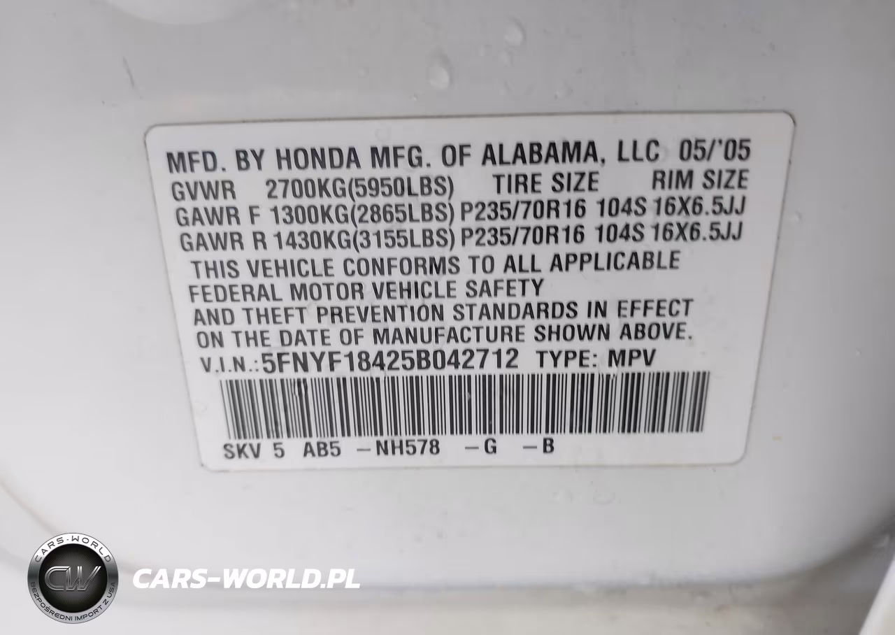 2005 Honda Pilot Ex VIN:5FNYF18425B042712 - 9
