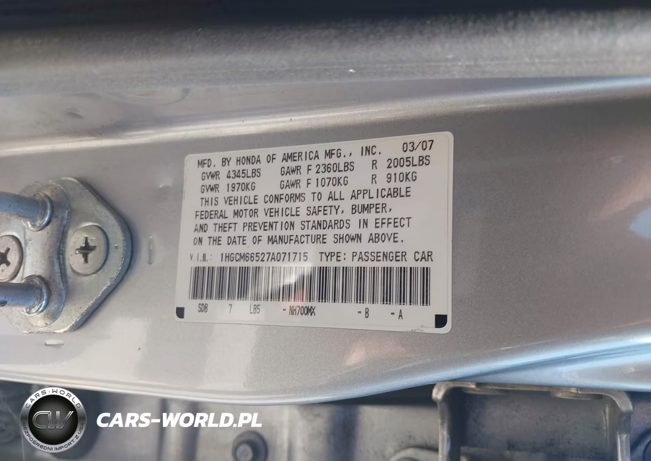 2007 Honda Accord 3.0 Ex VIN:1HGCM66527A071715 - 9