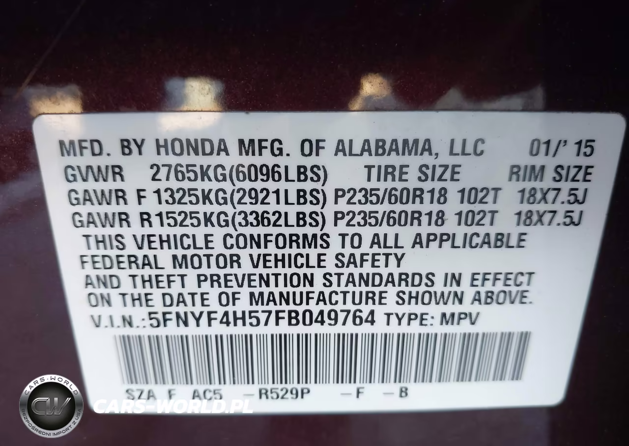 2015 Honda Pilot Ex-L VIN:5FNYF4H57FB049764 - 9