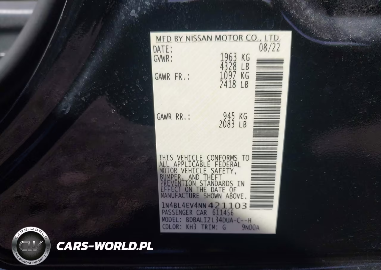 2022 Nissan Altima Sl Fwd VIN:1N4BL4EV4NN421103 - 9