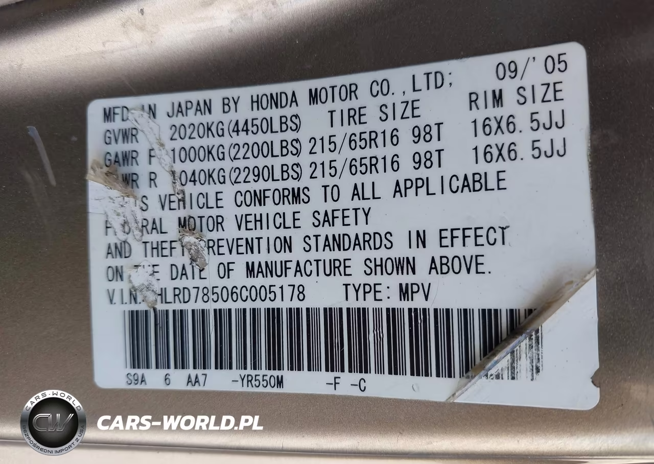 2006 Honda Cr-V Lx VIN:JHLRD78506C005178 - 9