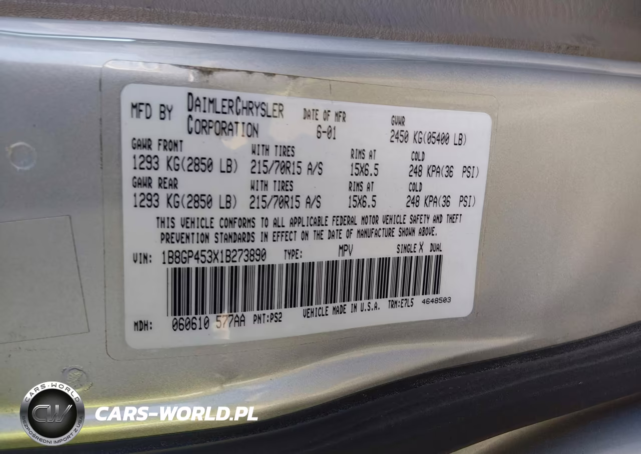2001 Dodge Caravan Sport VIN:1B8GP453X1B273890 - 9