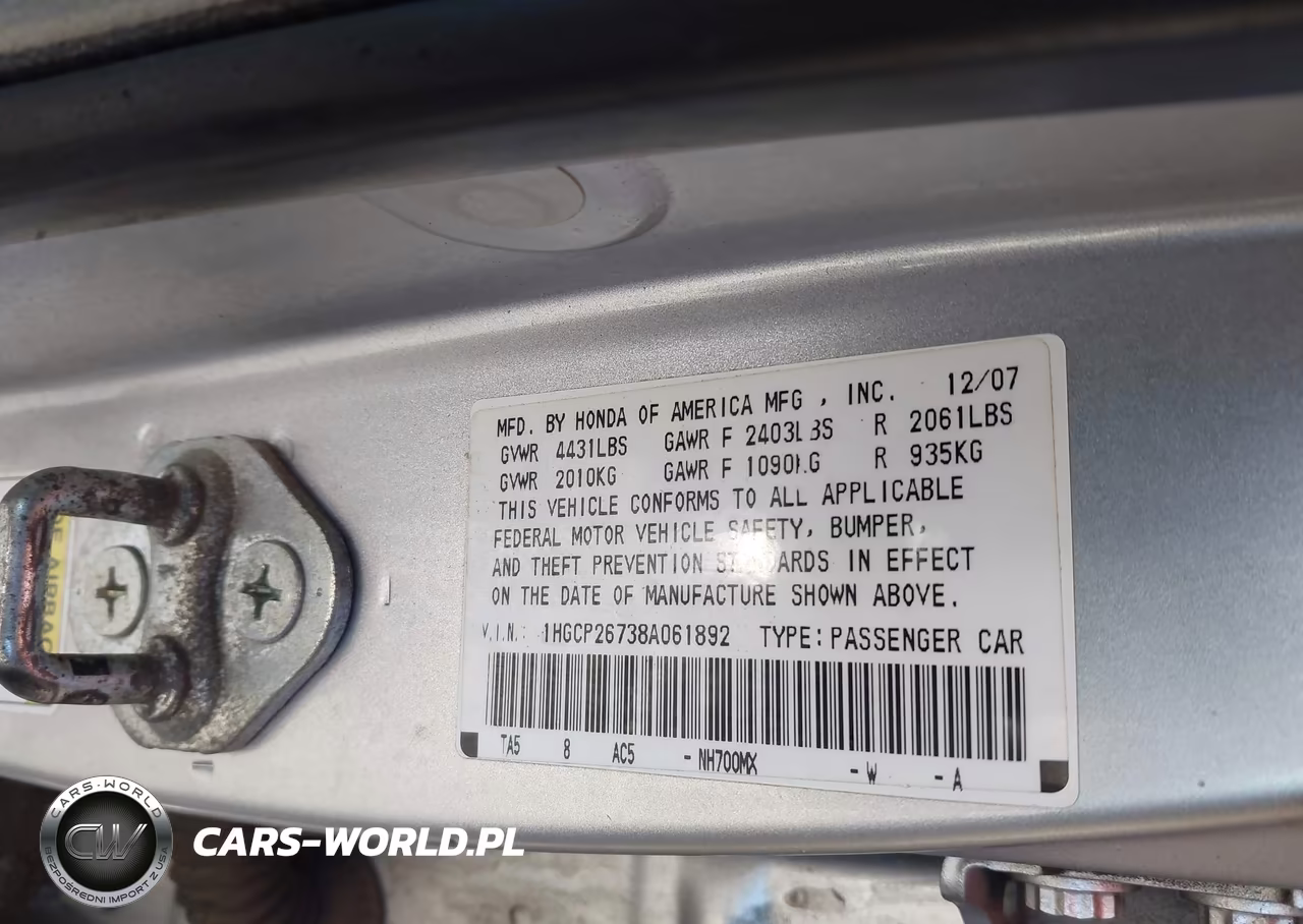 2008 Honda Accord 2.4 Ex VIN:1HGCP26738A061892 - 9