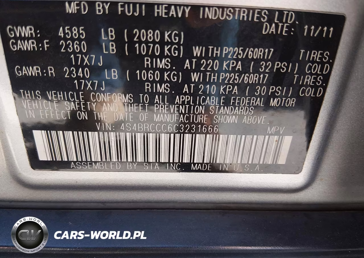 2012 Subaru Outback 2.5I Premium VIN:4S4BRCCC6C3231666 - 9