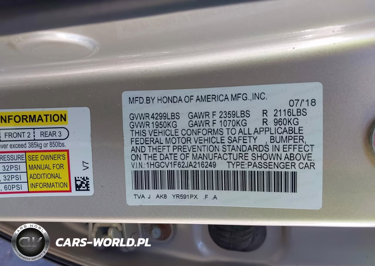 2018 Honda Accord Ex-L VIN:1HGCV1F62JA216249 - 9