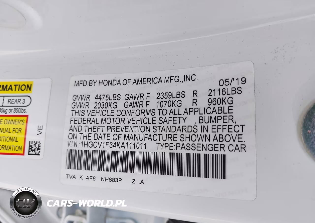 2019 Honda Accord Sport VIN:1HGCV1F34KA111011 - 9