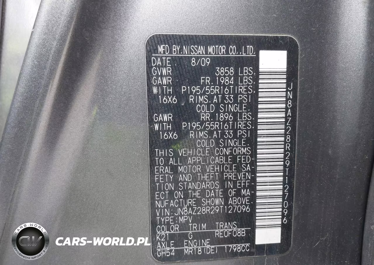 2009 Nissan Cube 1.8Sl VIN:JN8AZ28R29T127096 - 9