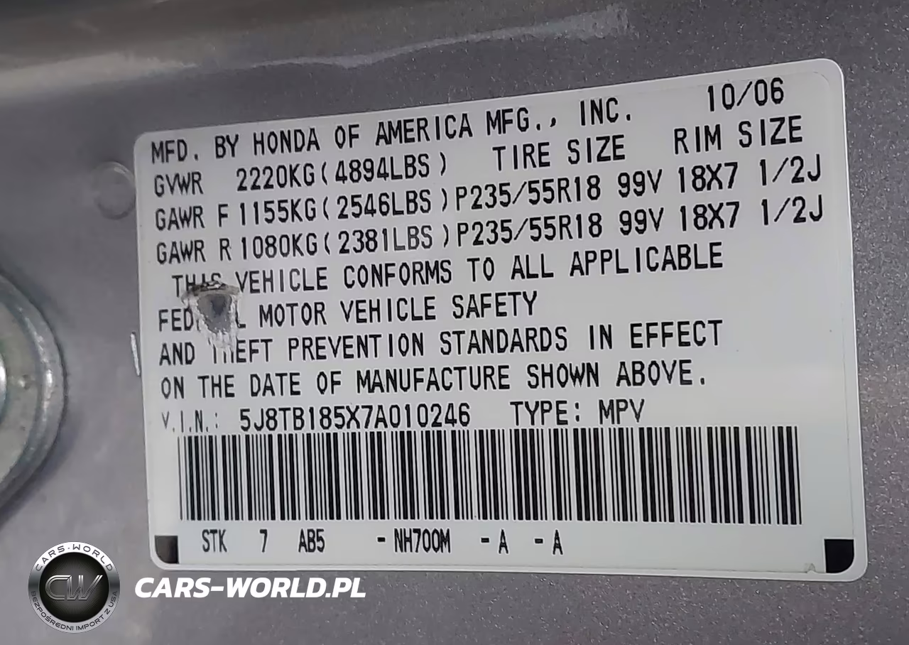 2007 Acura Rdx VIN:5J8TB185X7A010246 - 9
