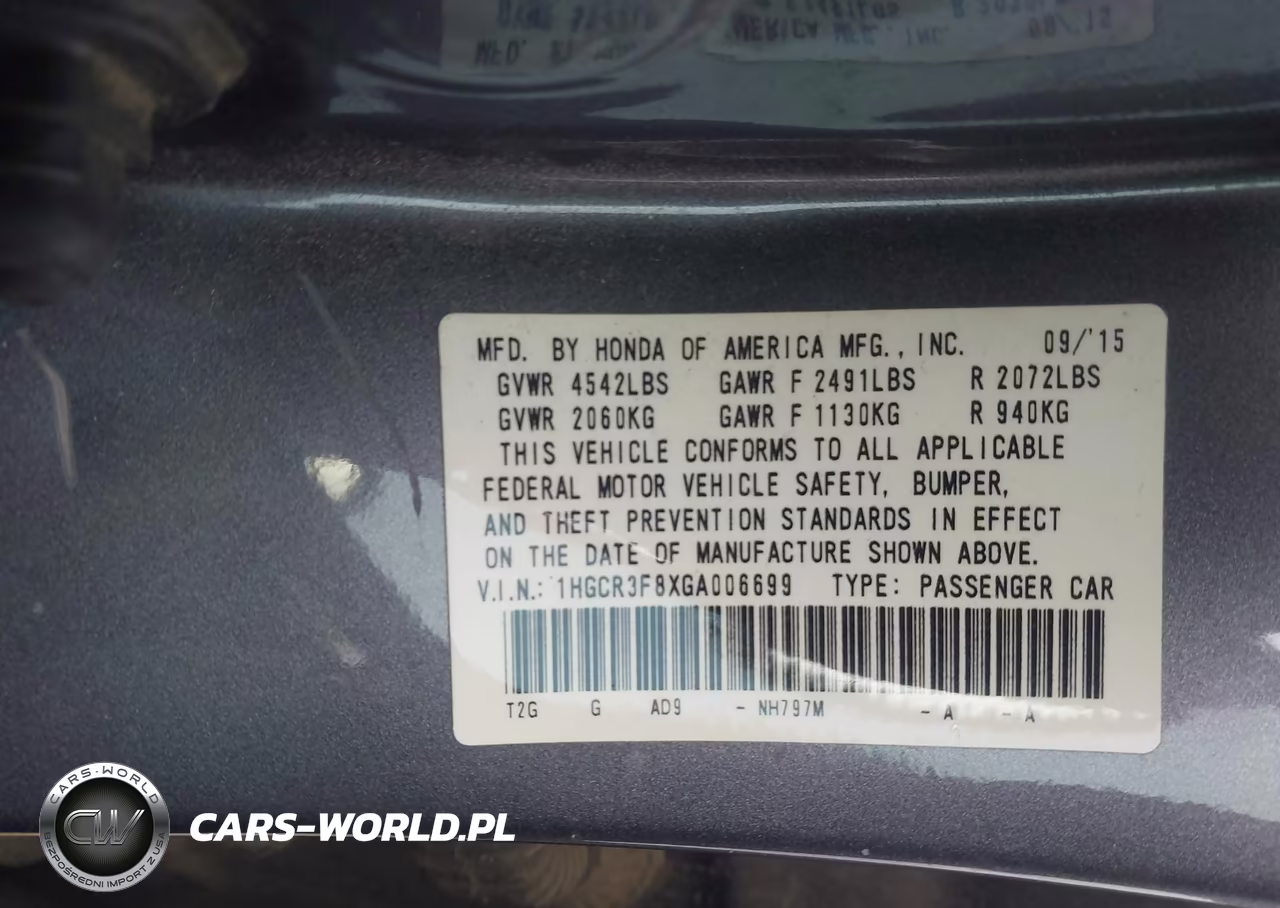 2016 Honda Accord Ex-L V-6 VIN:1HGCR3F8XGA006699 - 9