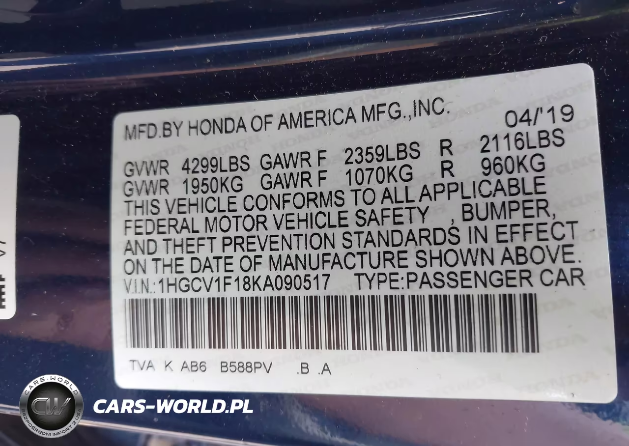 2019 Honda Accord Lx VIN:1HGCV1F18KA090517 - 9