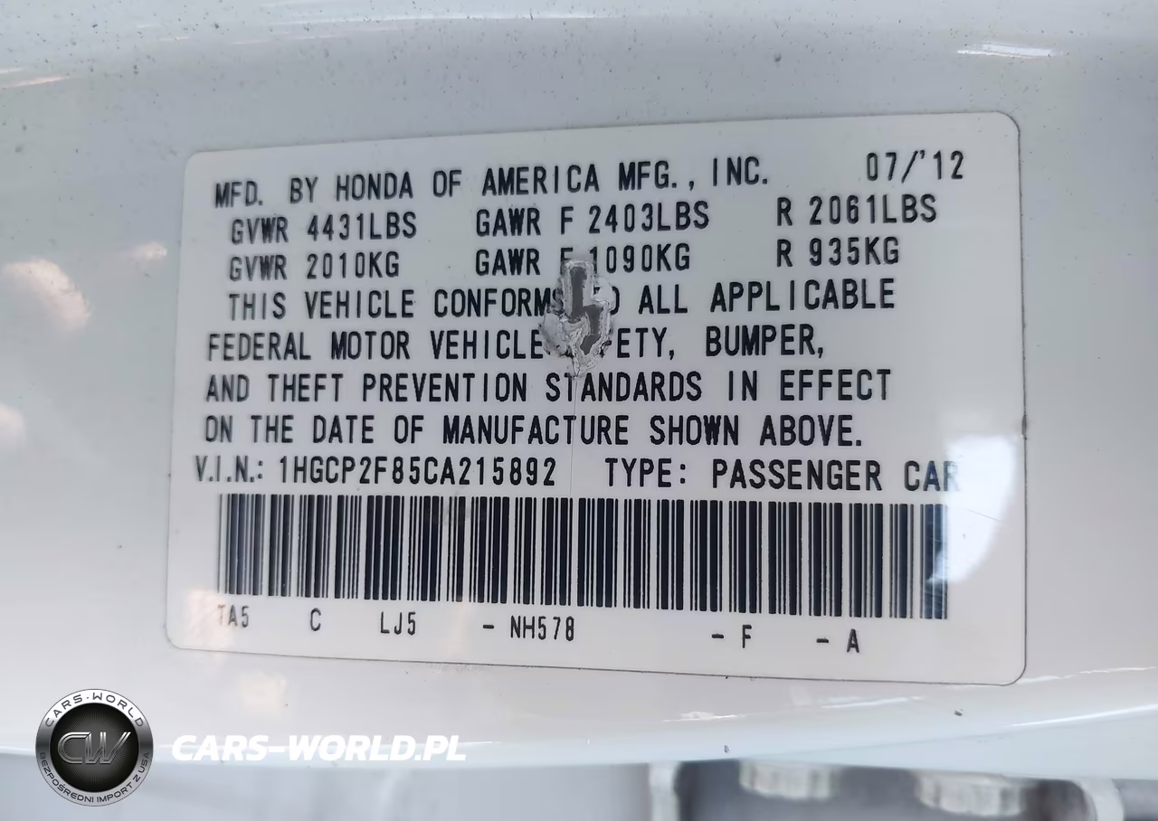 2012 Honda Accord 2.4 Ex-L VIN:1HGCP2F85CA215892 - 9