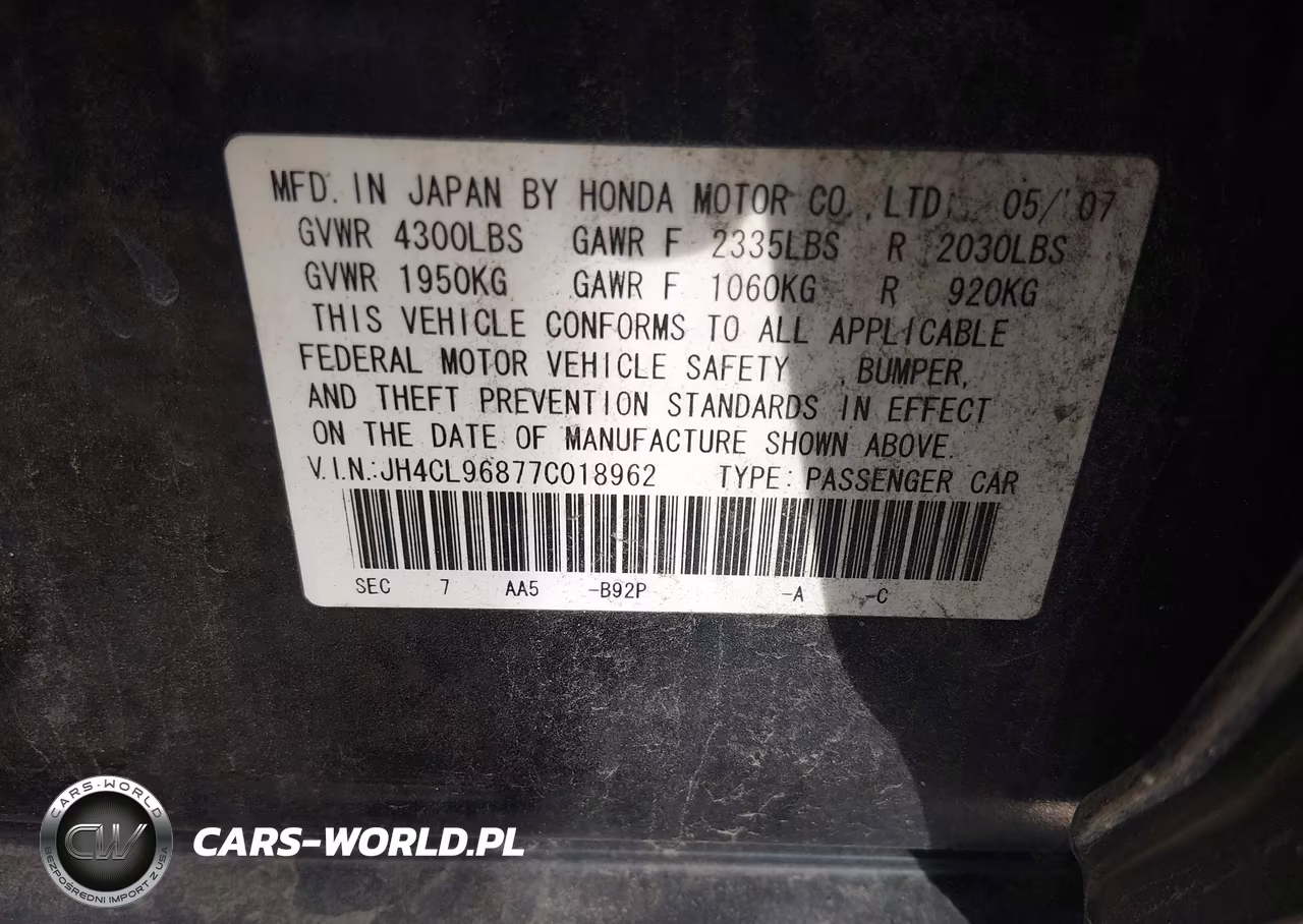2007 Acura Tsx VIN:JH4CL96877C018962 - 9