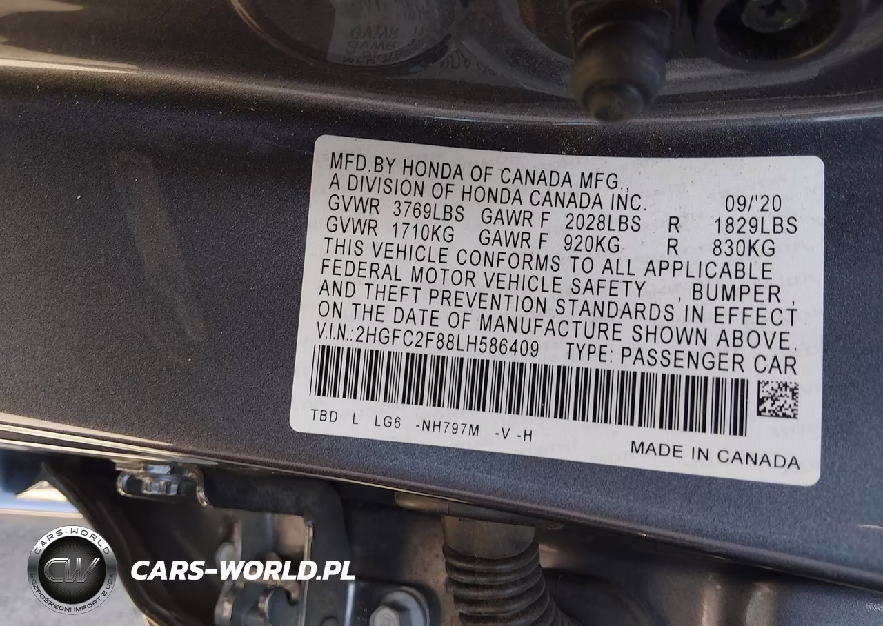 2020 Honda Civic Sport VIN:2HGFC2F88LH586409 - 9