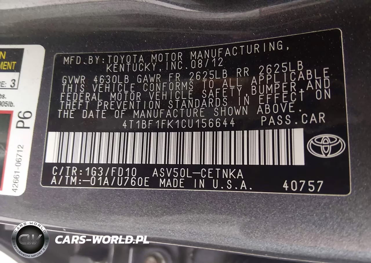 2012 Toyota Camry Le VIN:4T1BF1FK1CU156644 - 9