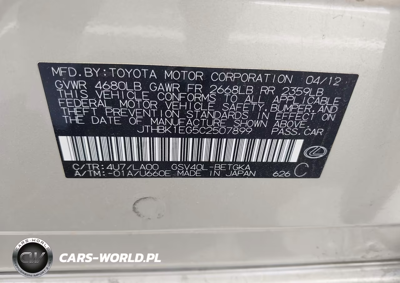 2012 Lexus Es 350 VIN:JTHBK1EG5C2507899 - 9