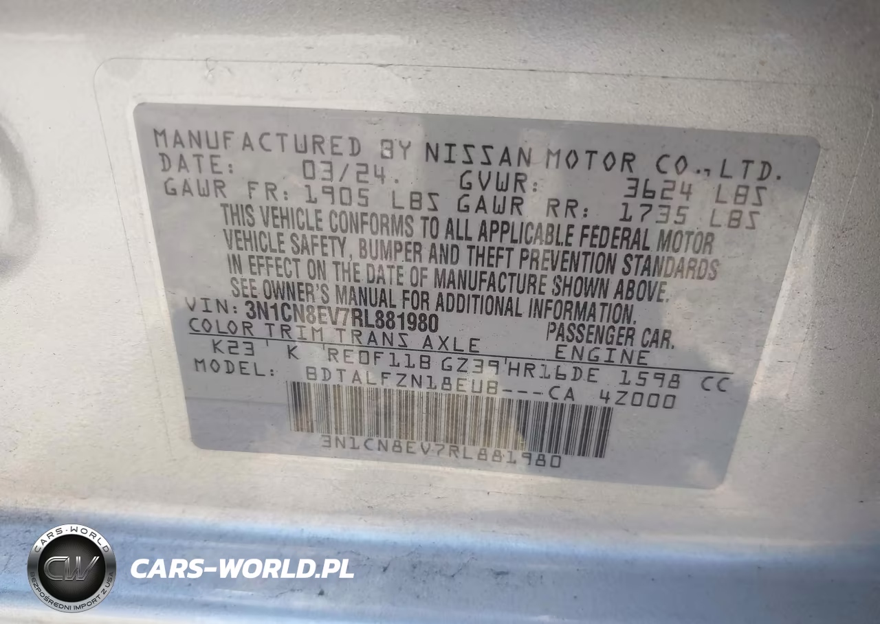 2024 Nissan Versa 1.6 Sv VIN:3N1CN8EV7RL881980 - 9
