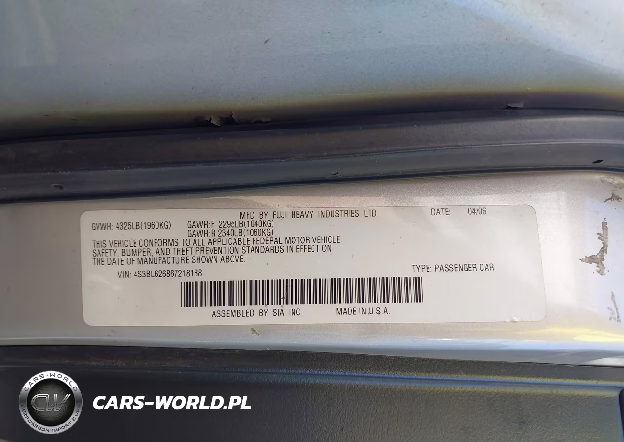 2006 Subaru Legacy 2.5I VIN:4S3BL626867218188 - 9